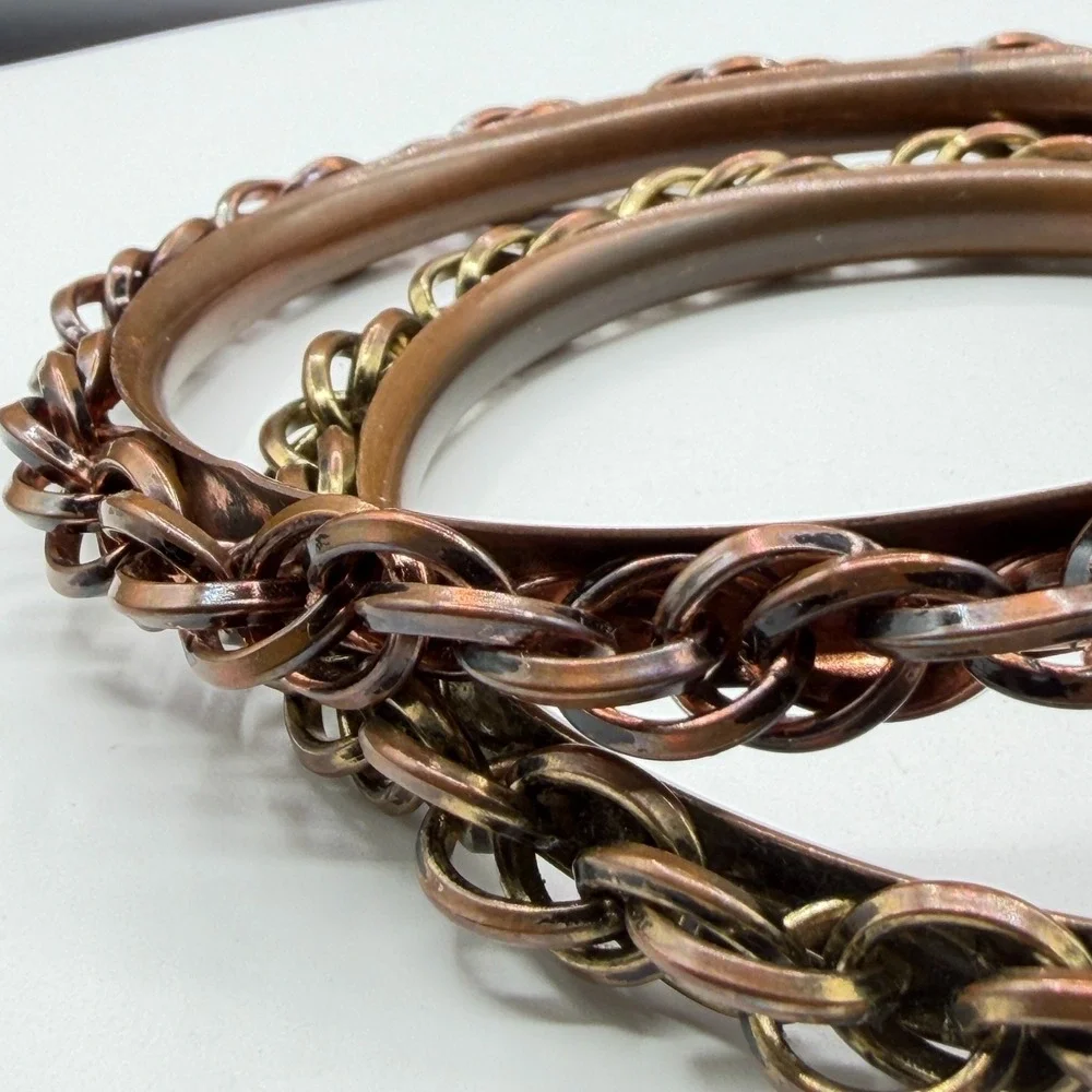 Pair Copper & Brass Tone Chain Link Bangle Bracelet Boho Stack Statement Jewelry